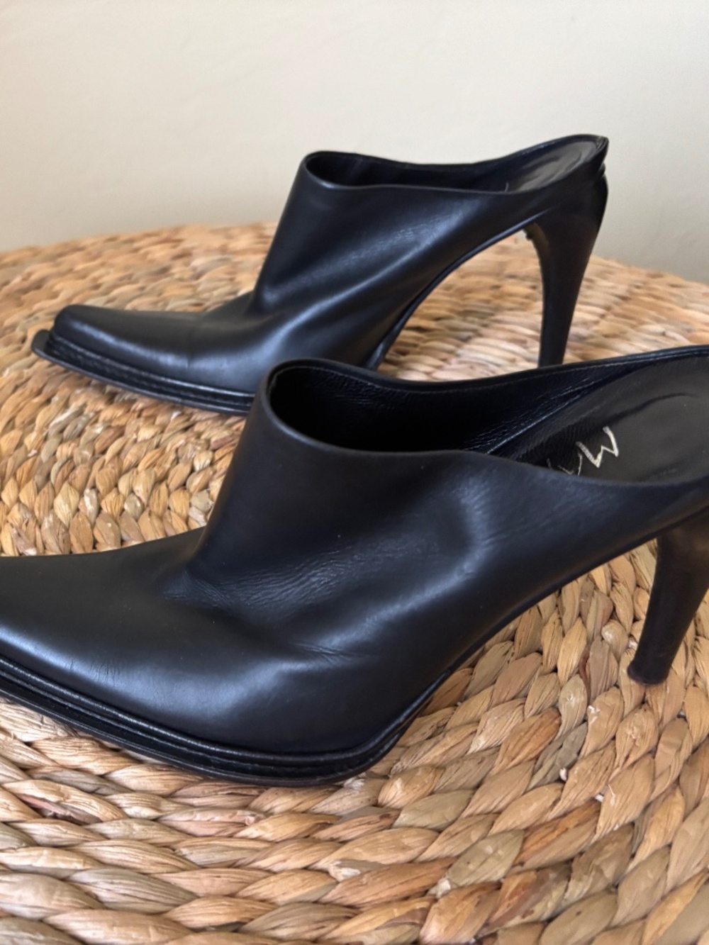 MAYIS Black Matte Leather MADE IN ITALY Heeled Western Style Mule POINTED TOE 39